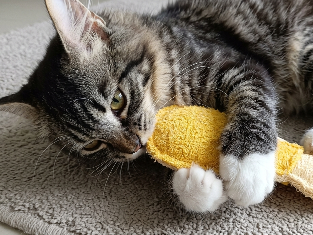 Loofah chew toy, silvervine fruit visible