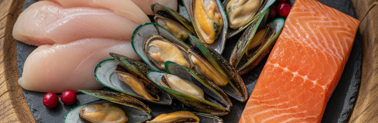 generate natural ingredients of green mussels, duck liver, chickend breast , salmon on a platter